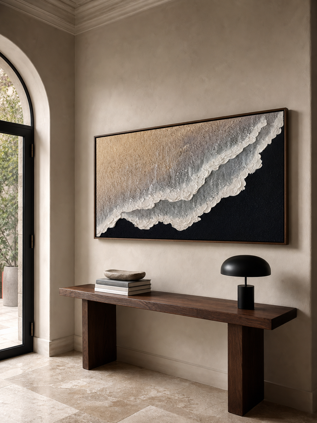 3D Hand Painted Ocean Wave Art Minimalist Beige Black Wall Decor For Living Room