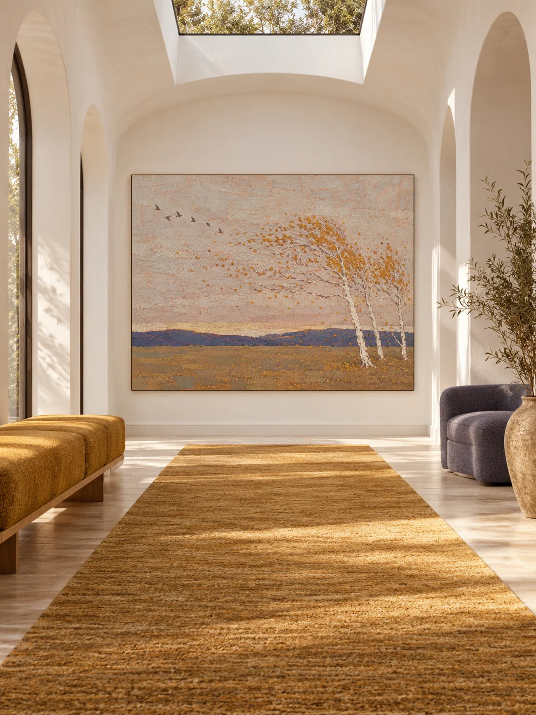 Large Rural Landscape Wall Art Hand Painted Minimalist Birch Tree Canvas Painting
