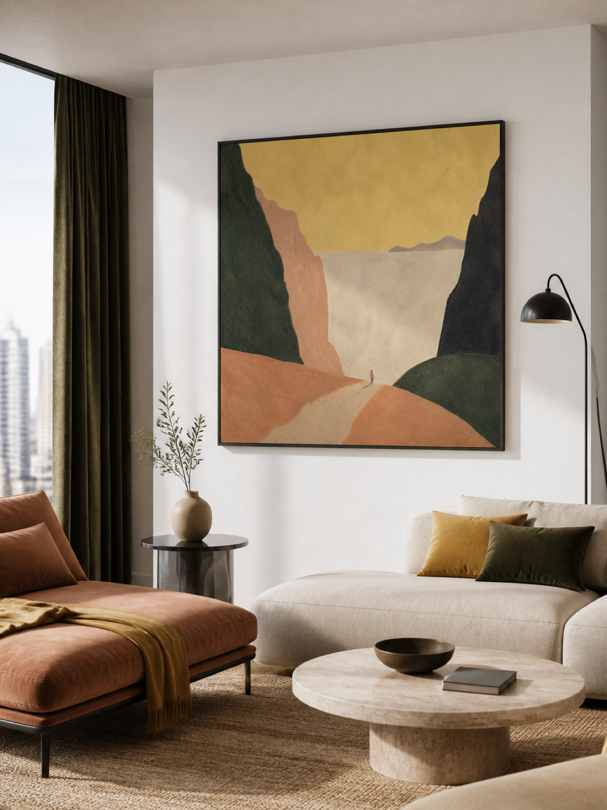 Golden Sky And Dark Green Cliffs With A Lone Wanderer Contemporary Oil Painting
