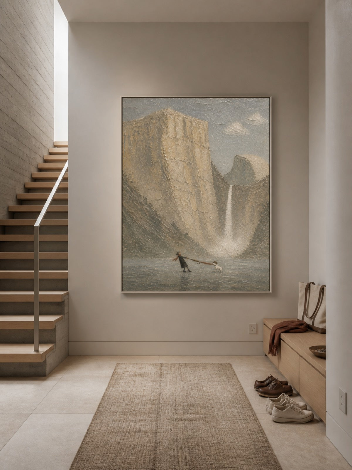 Vintage Traveler And Dog Canvas Painting With Textured Mountain