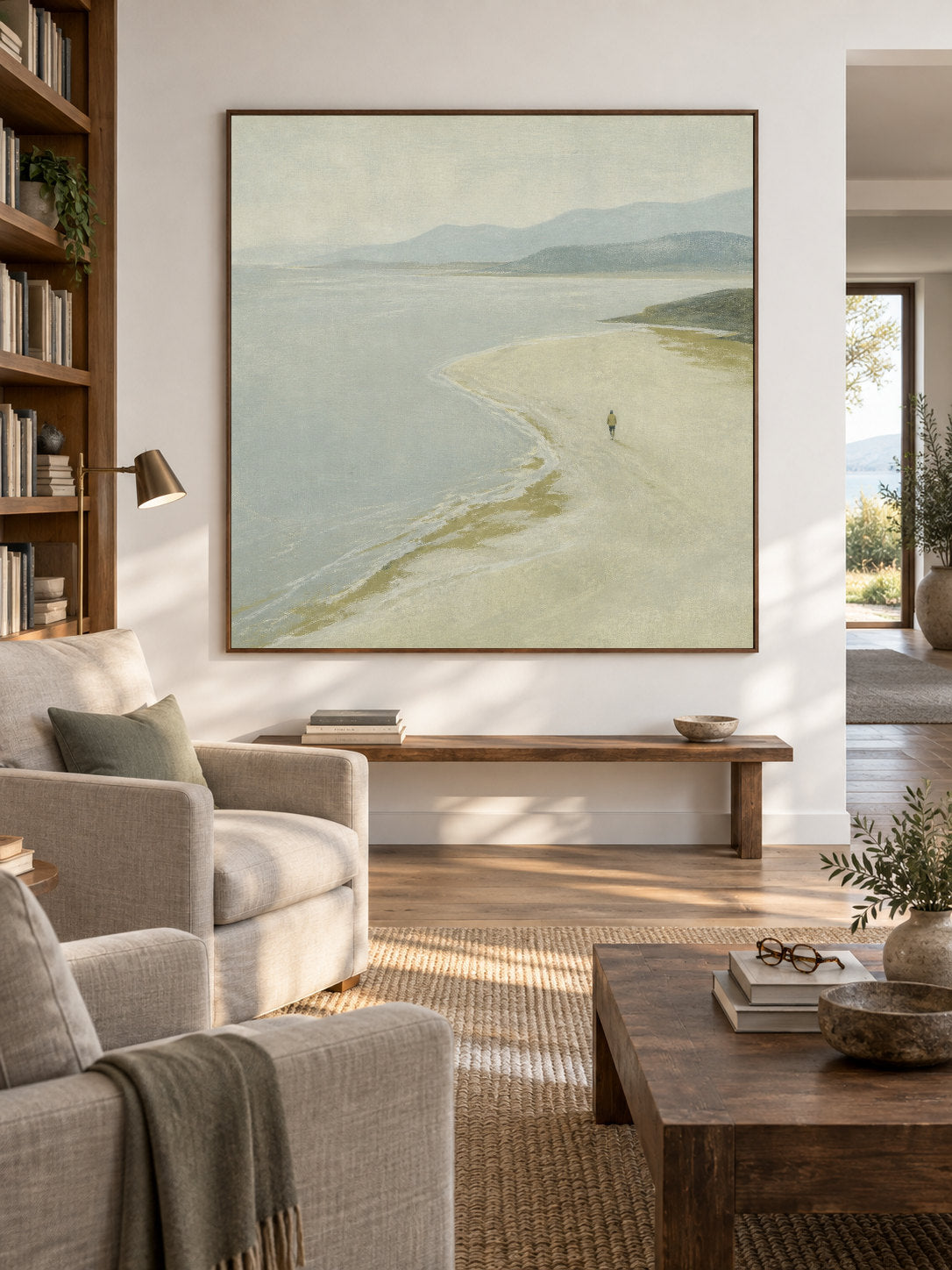 Minimalist Coastal Art Original Canvas Painting Of Solitary Figure In Natural Landscape Setting