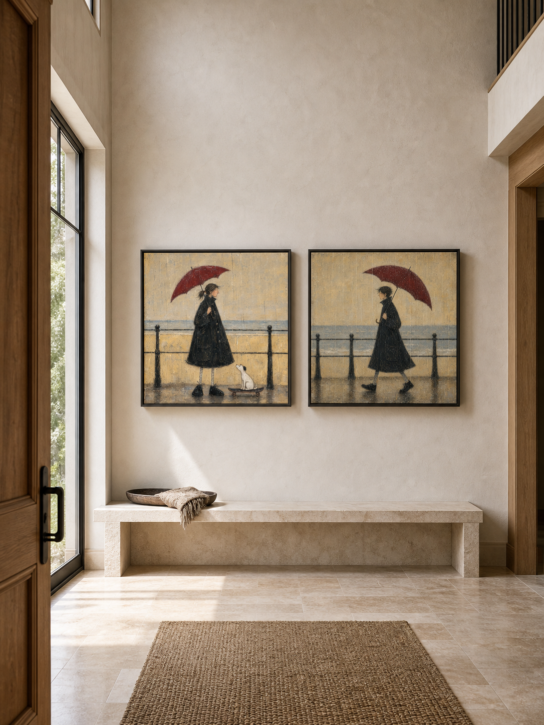 Vintage Seaside Couple Diptych With Red Umbrellas Hand Painted Oil Painting For Bedroom