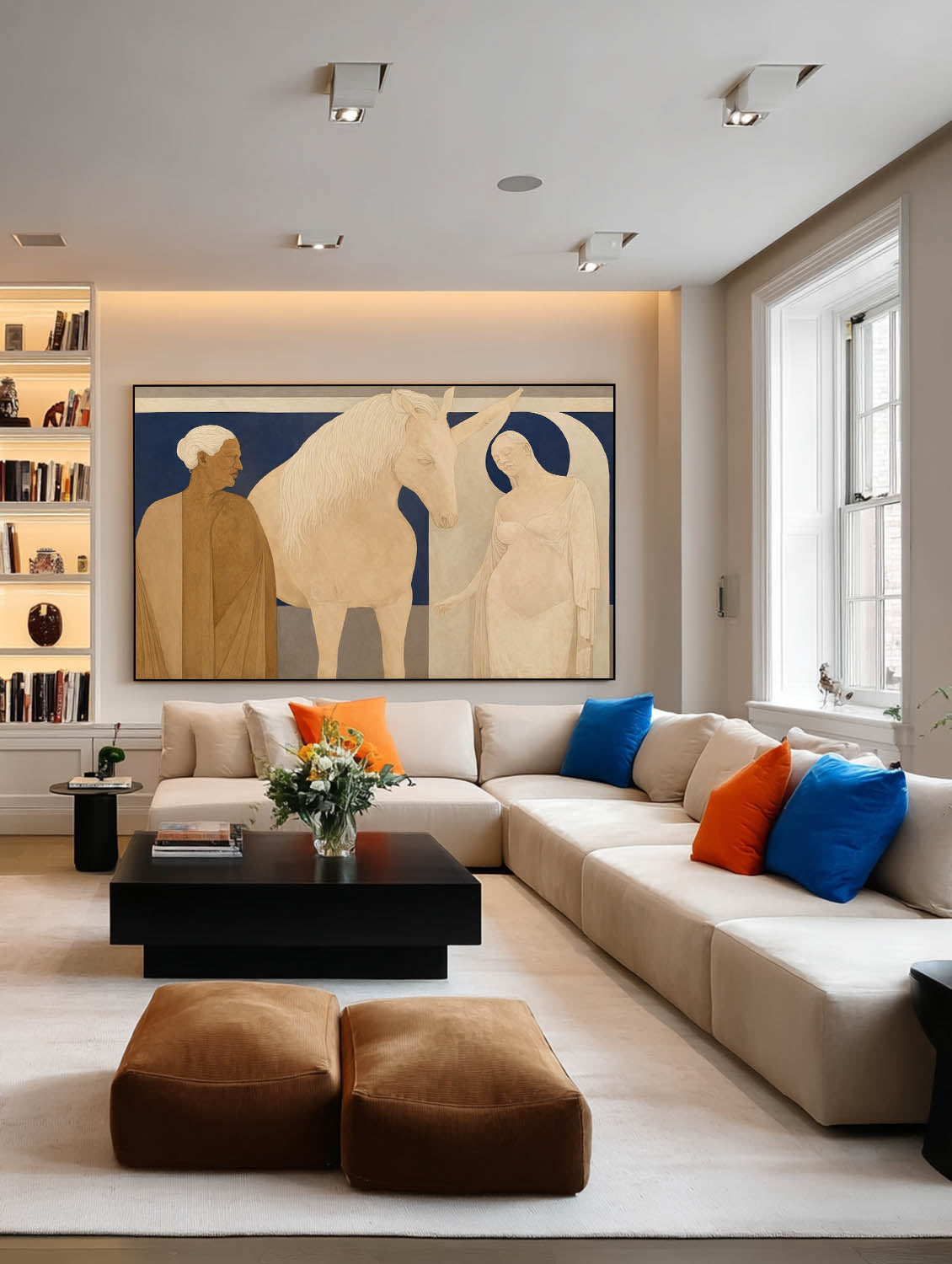 Large Horizontal Beige And Brown Abstract Figure Painting For Modern Living Room