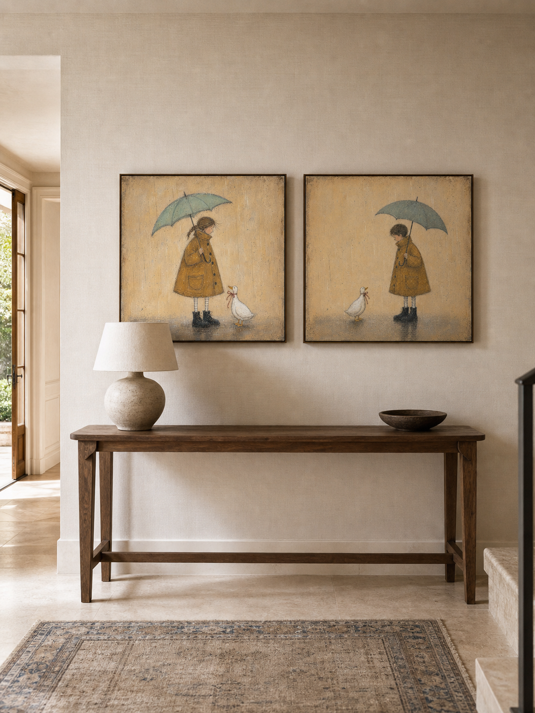 Hand Painted Umbrella Girl And Duck Diptych Whimsical Rainy Day Wall Art