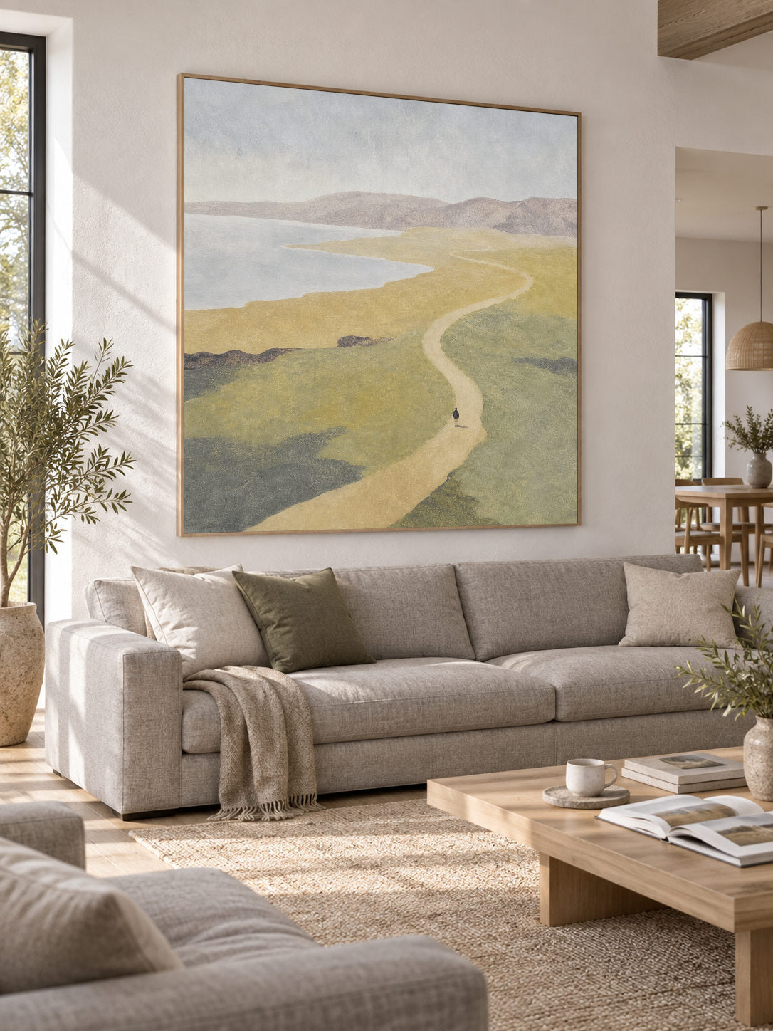 Minimalist Winding Lakeside Path Canvas Art With Lone Walker For Office Decor