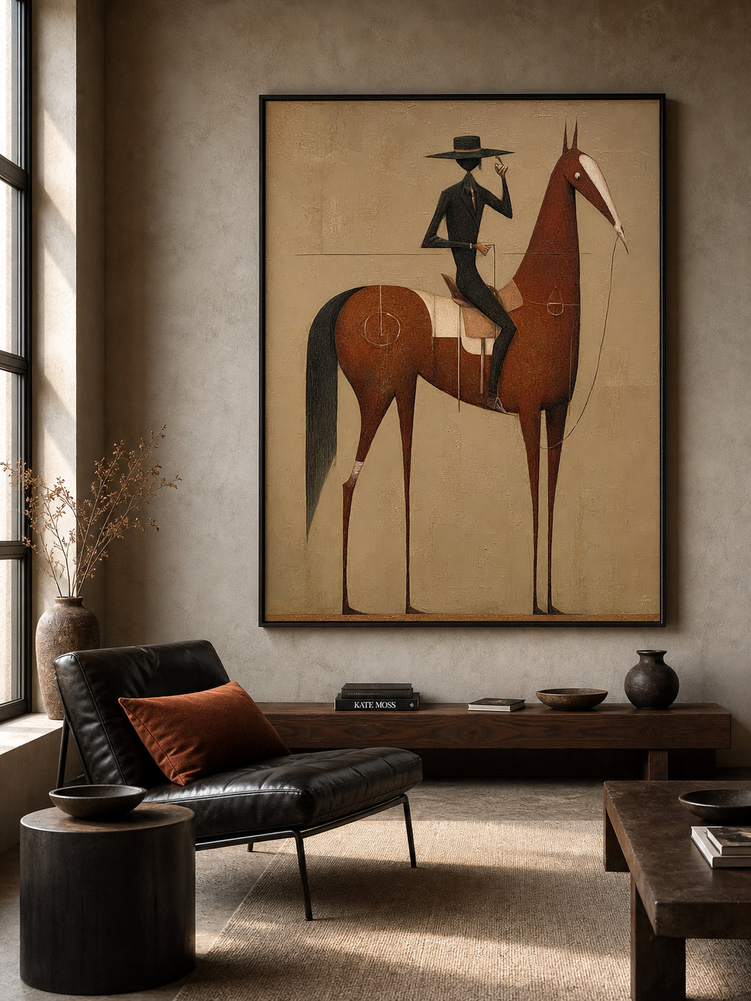 Vintage Equestrian Oil Painting Brown Horse Rider Vertical Canvas Wall Decor For Living Room