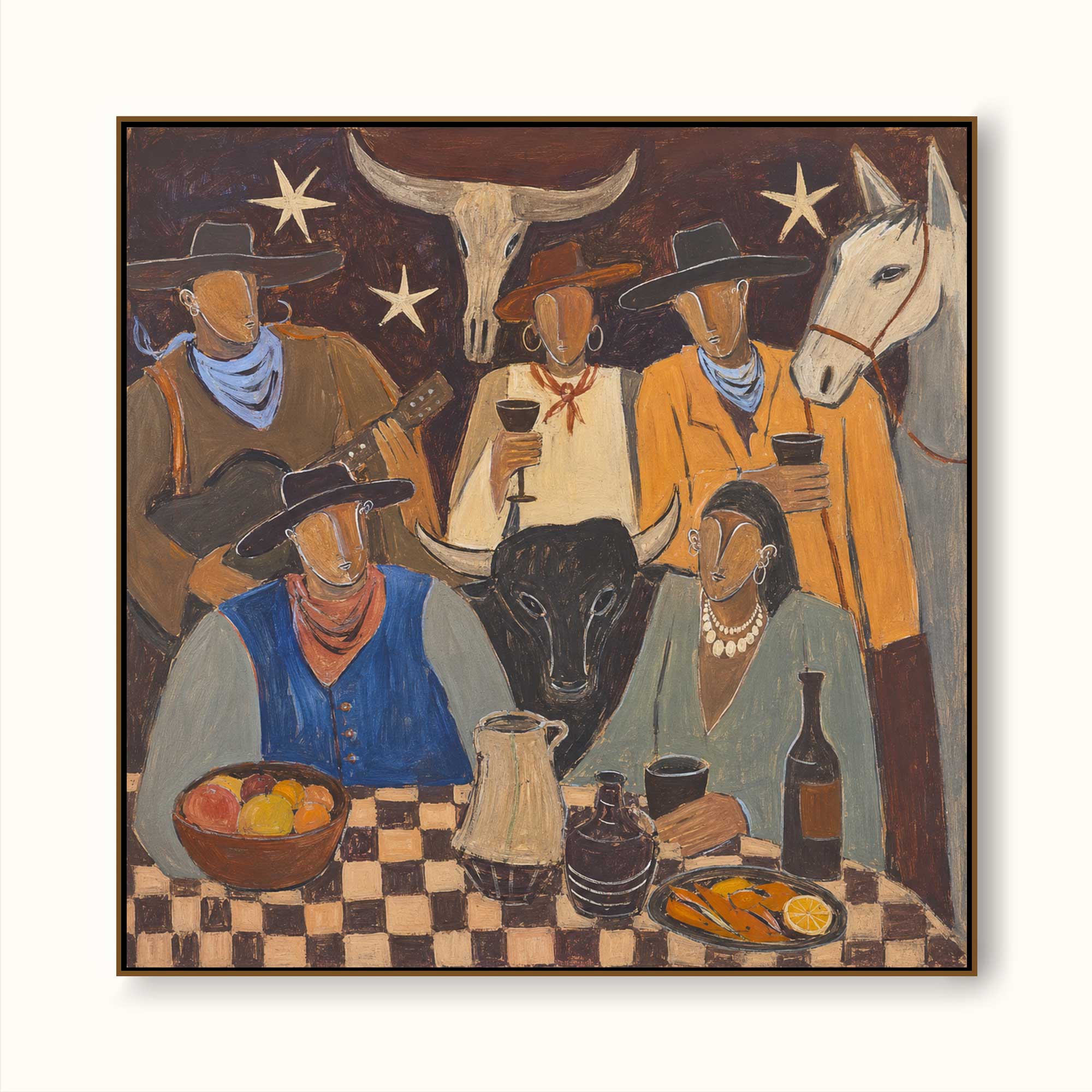 Hand Painted Cowboy Gathering Painting Southwestern Folk Table Scene Wall Art Rustic Western Artwork