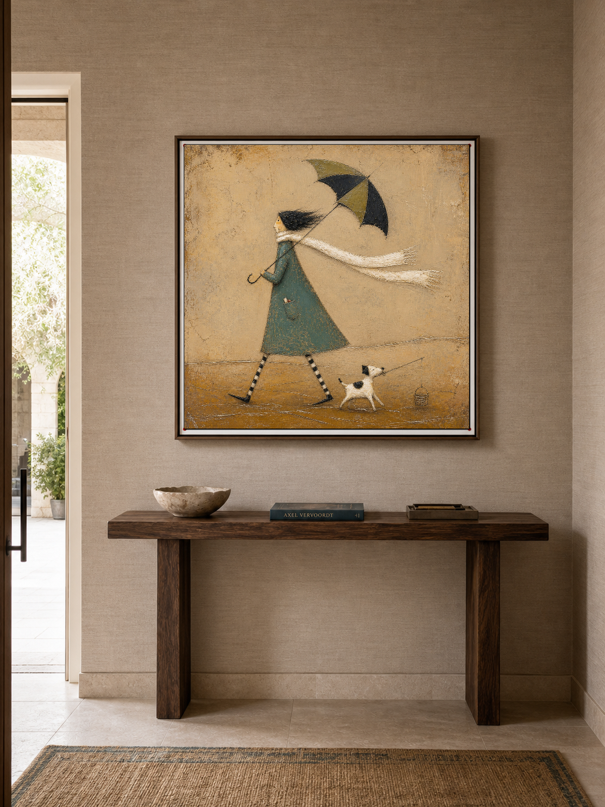 Original Hand Painted Umbrella Dog Fishing Painting Whimsical Storybook Wall Art