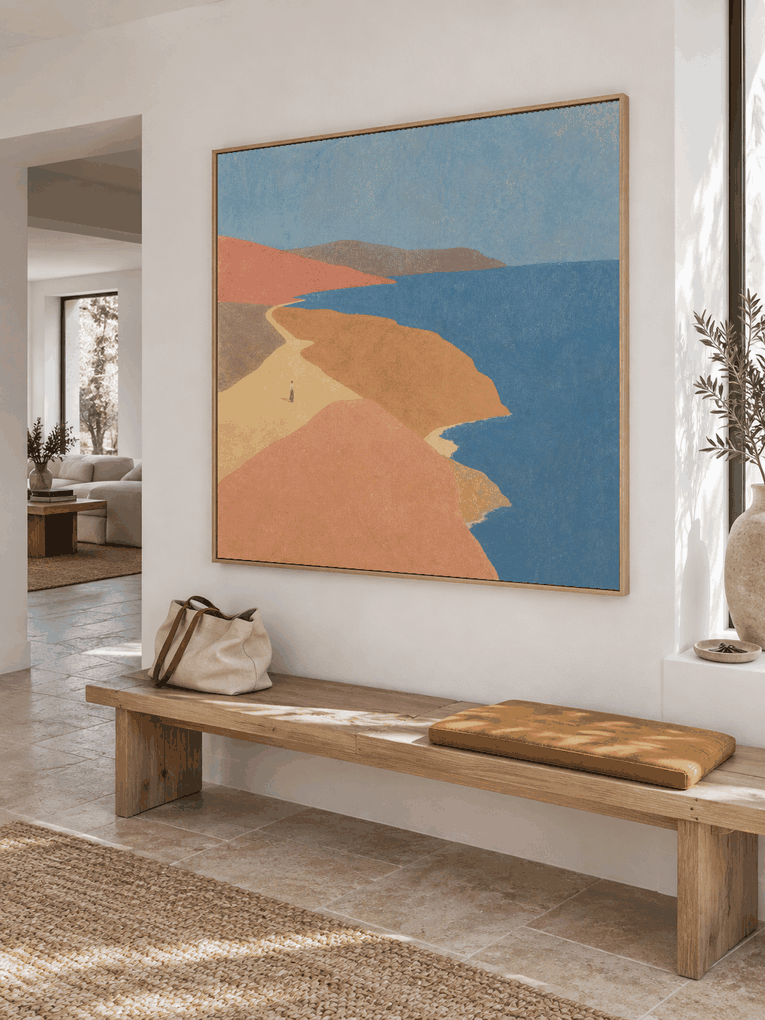 Modern Minimalist Seascape Painting In Earth Tones And Deep Blue Original Art