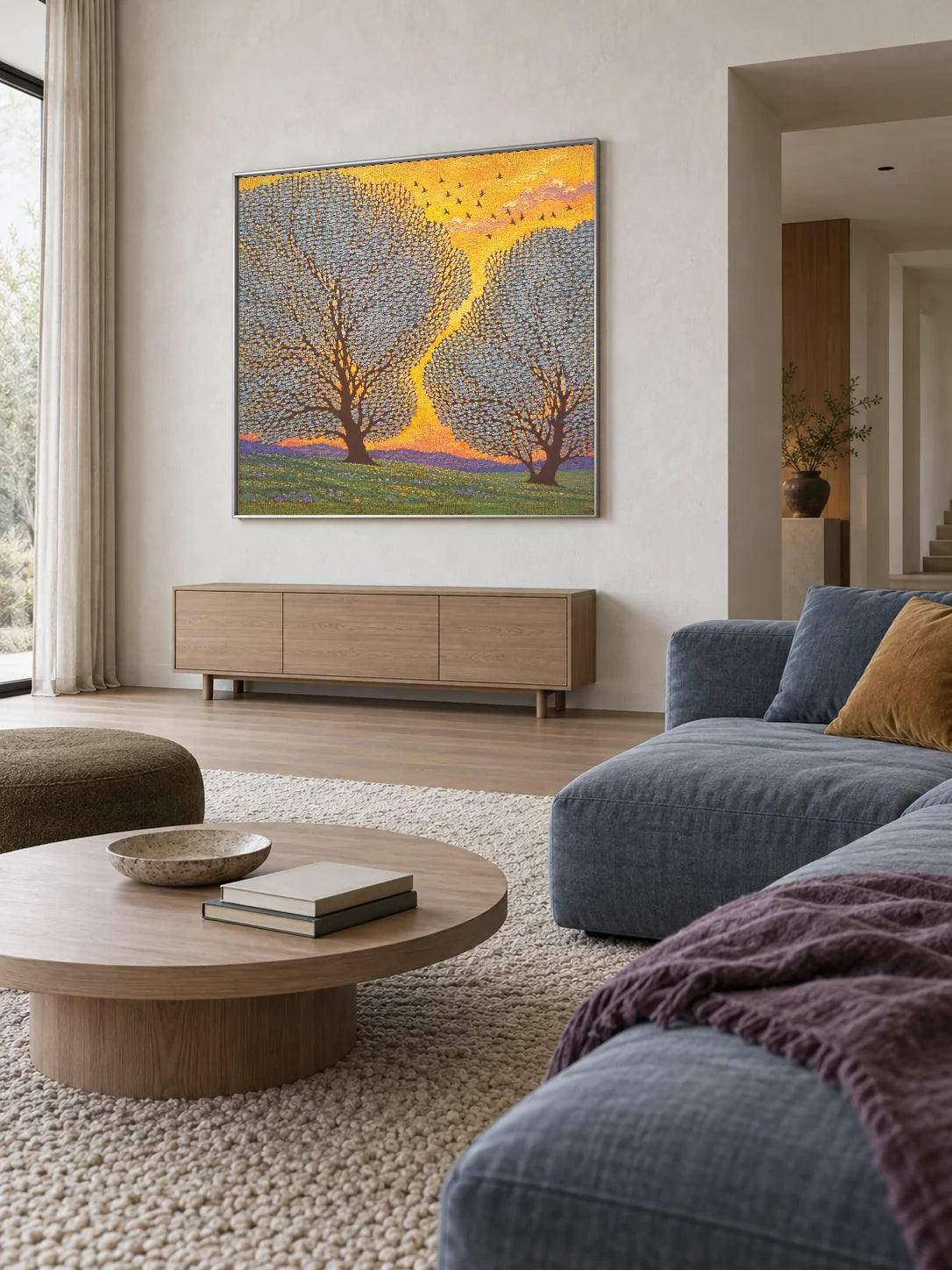 Contemporary Golden Sunset Artwork Large Tree Landscape Art For Modern Home