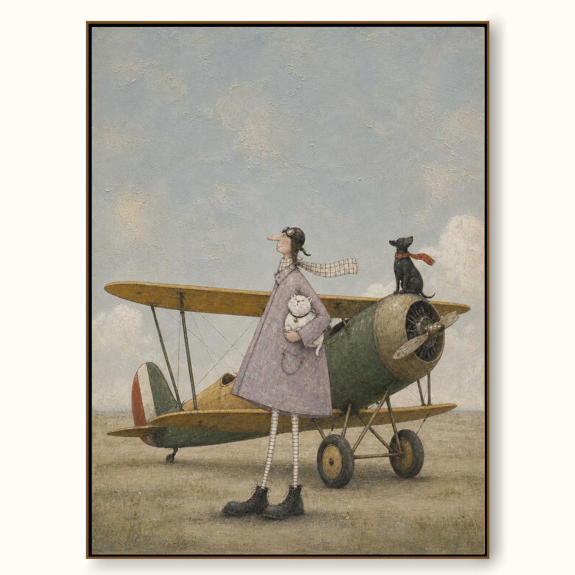 100 Hand Painted Heavy Texture Aviator Canvas Artwork Whimsical Vintage Airplane Painting