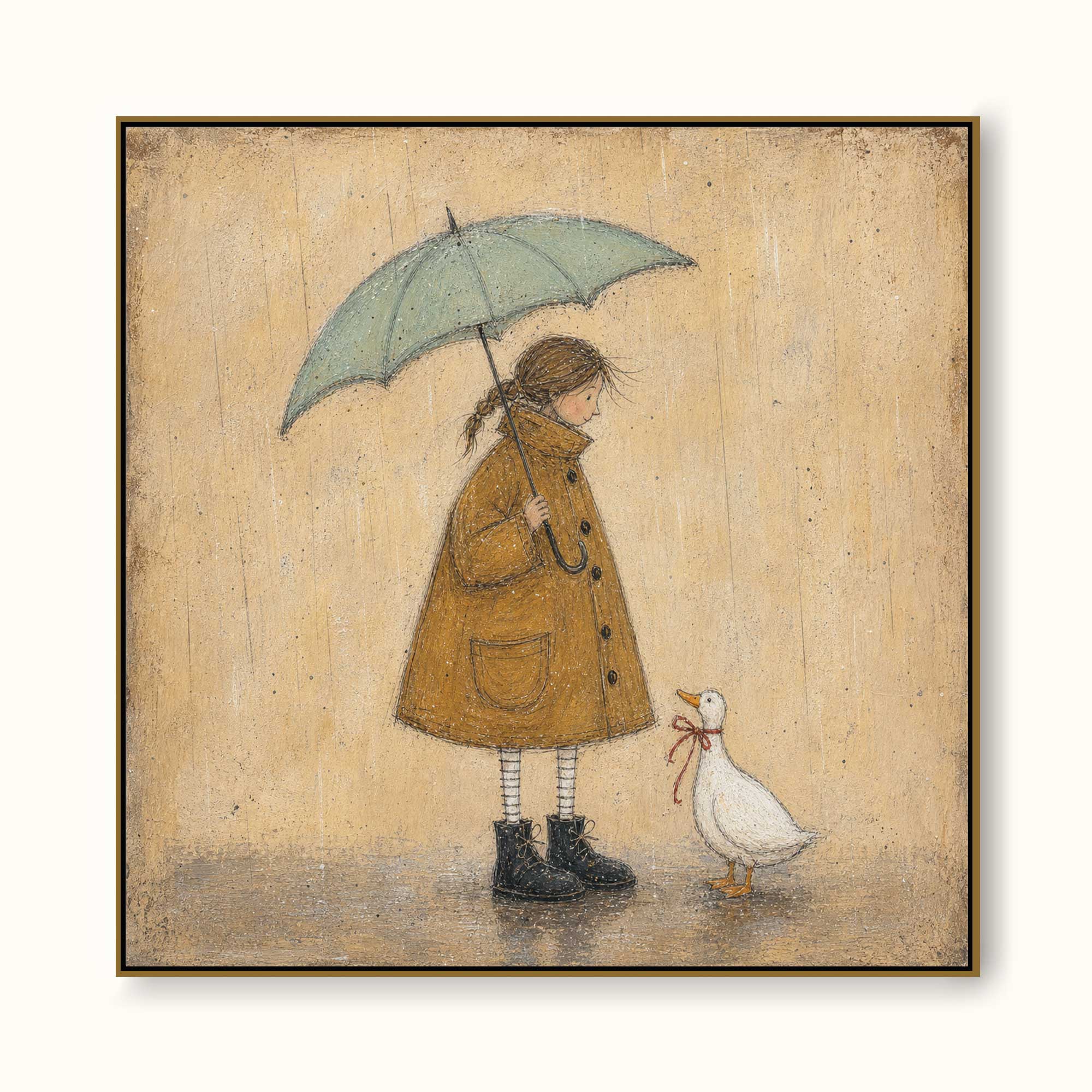 Original Handmade Painting Girl And Cute Duck In Rain Minimalist Wall Art