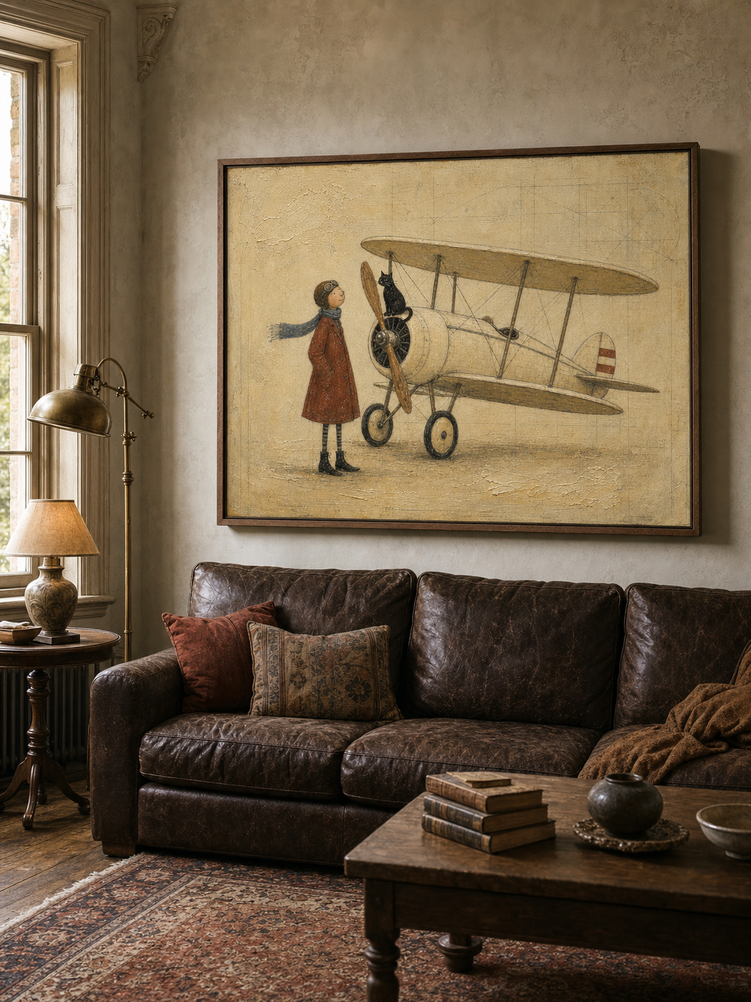 Vintage Pilot Painting With Biplane And Cat For Retro Home Decor