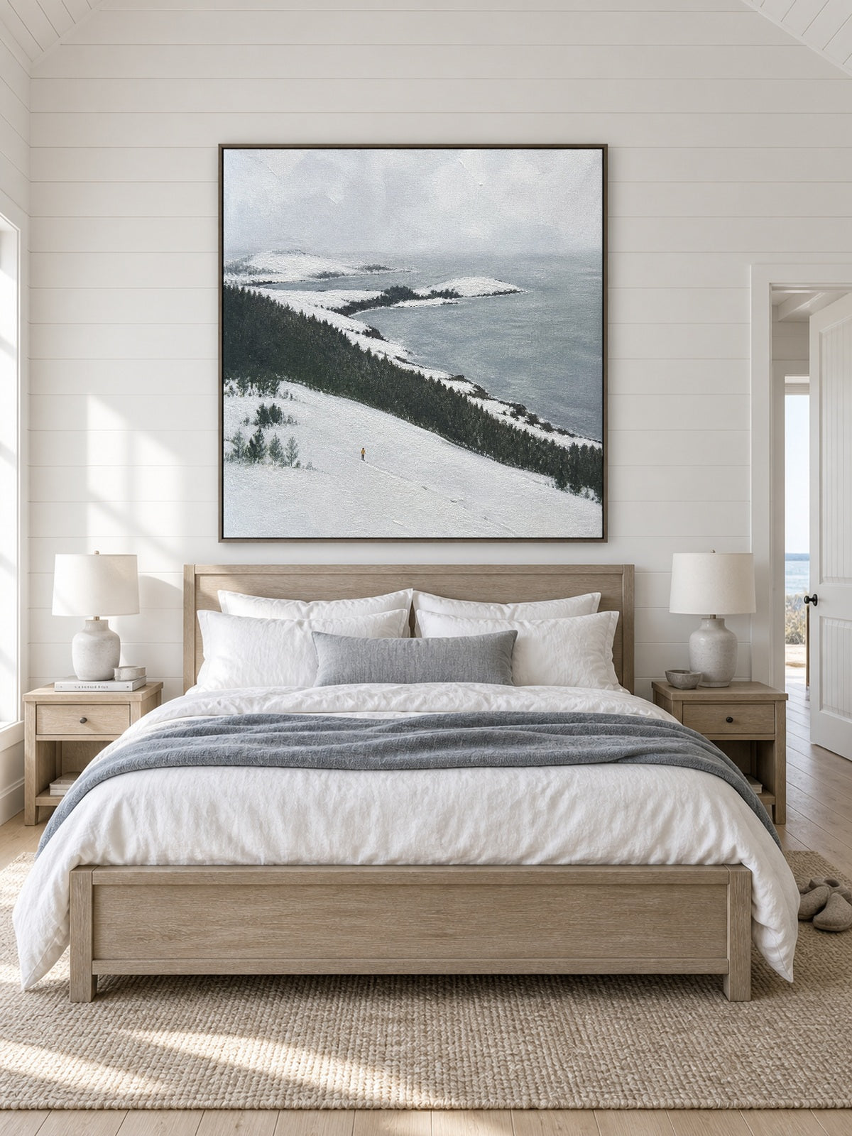 Large Snowy Seaside Landscape Wall Art With Dark Forest For Bedroom Decor