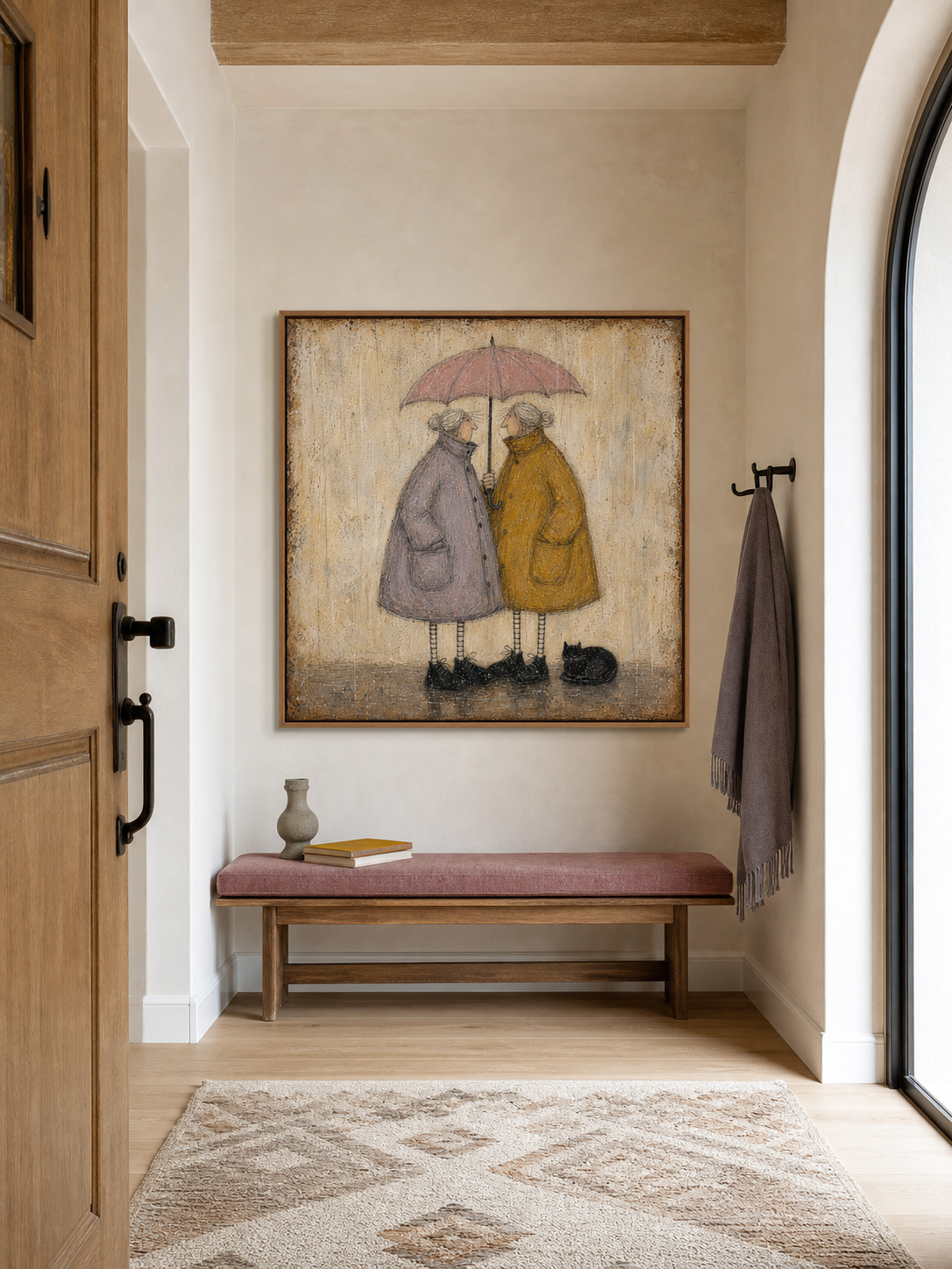 Whimsical Elderly Couple Under Umbrella Vintage Oil Painting For Cozy Living Room Wall Art