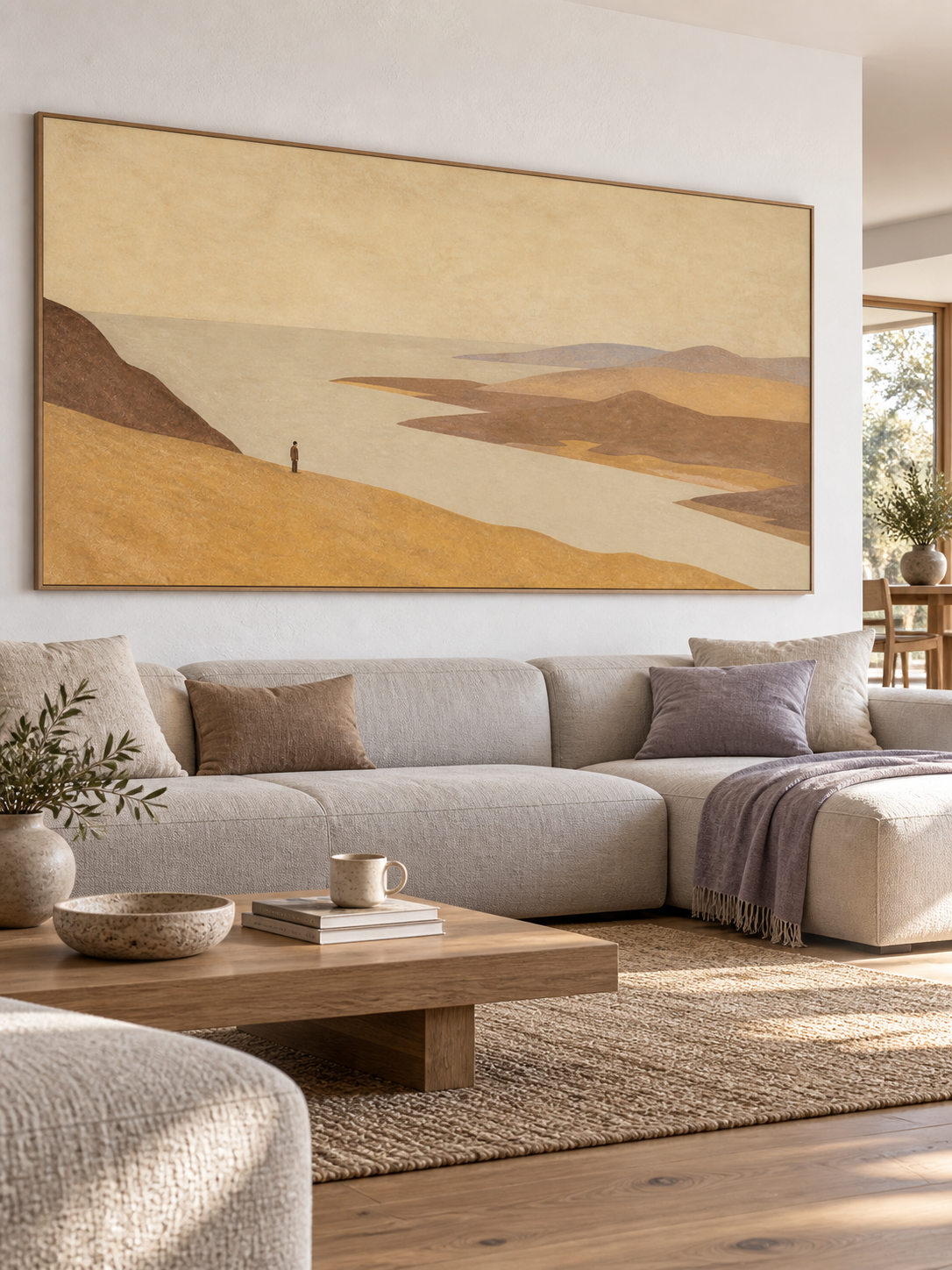 Panoramic Coastal Wall Art For Bedroom Golden Beige Abstract Landscape Painting
