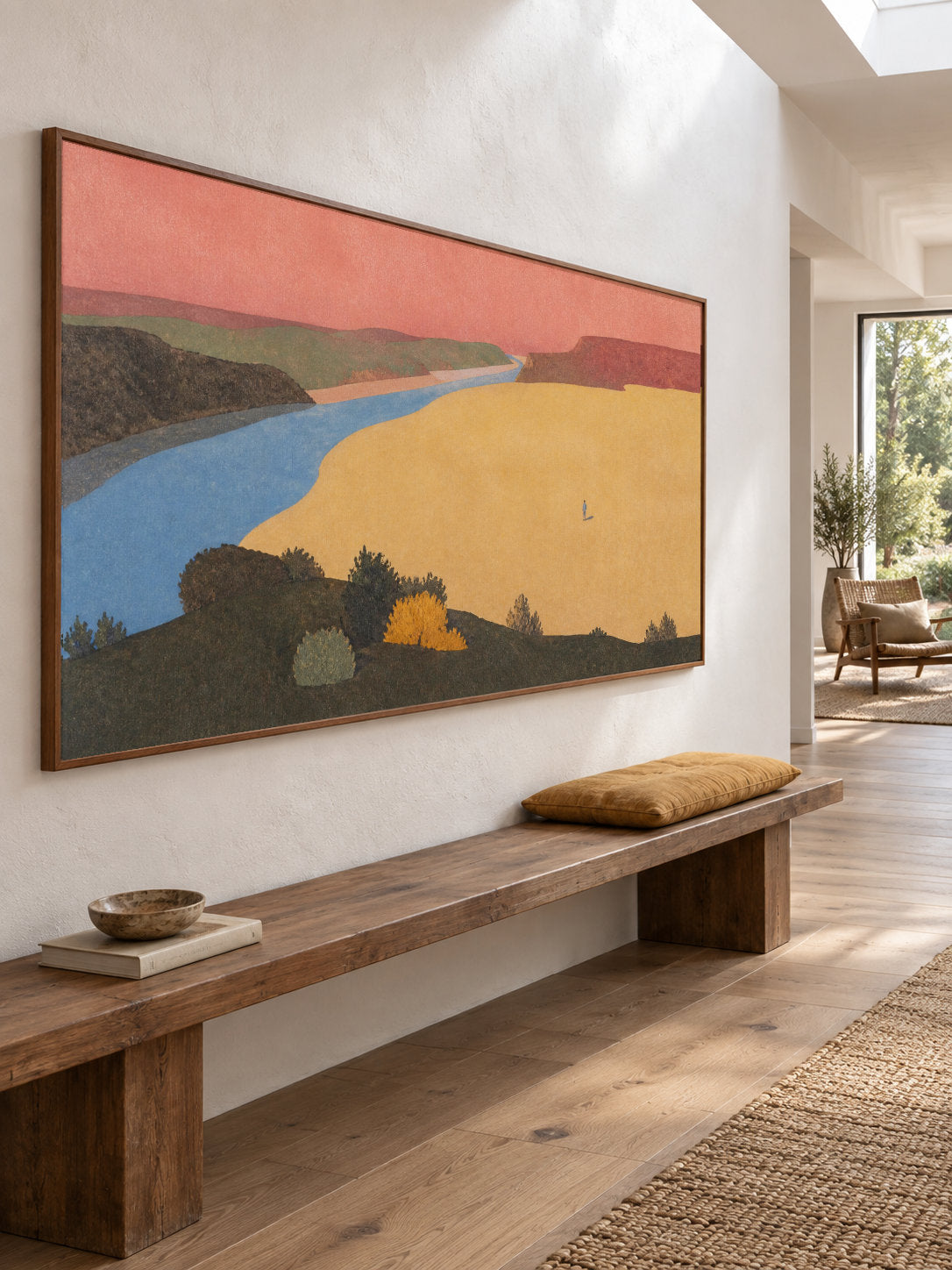 Colorful Coral River Valley Canvas Art With Lone Figure For Bedroom Decor