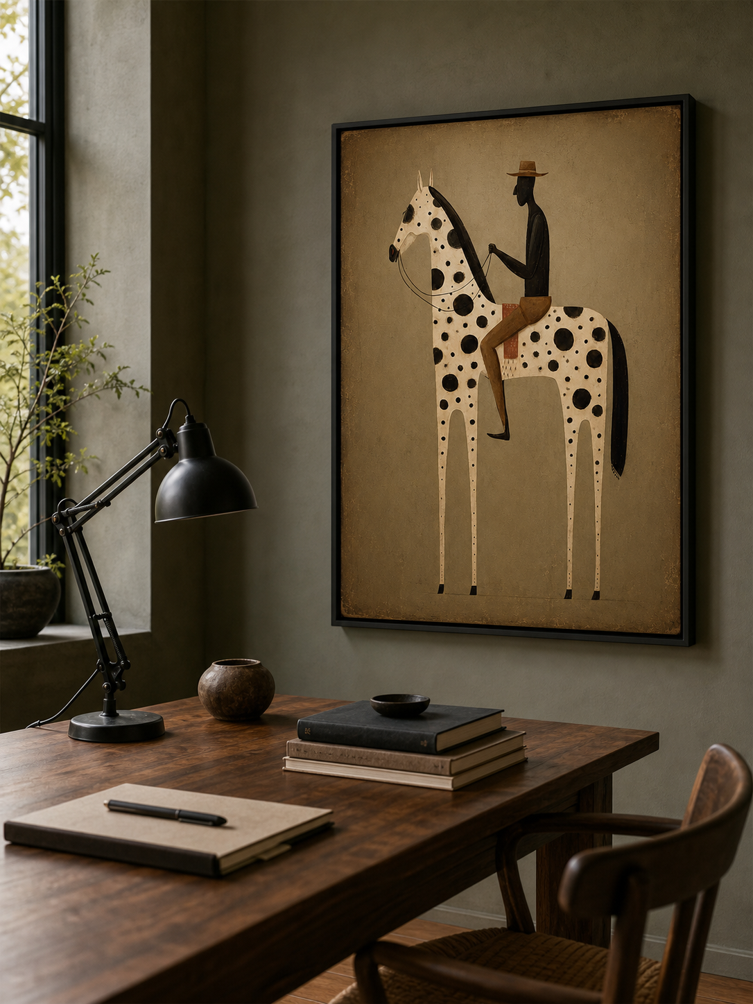 Vintage Modern Horse And Rider Painting For Living Room Decor With Earthy Tones