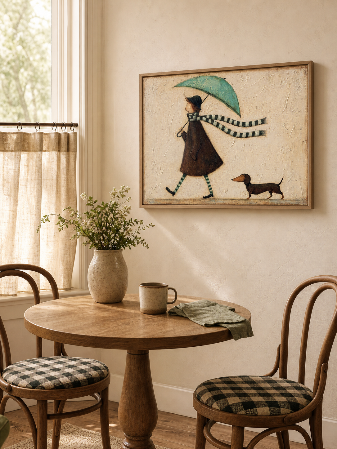 Abstract Minimalist Oil Painting Of Girl With Dog And Umbrella In Beige Tones For Modern Home Decor