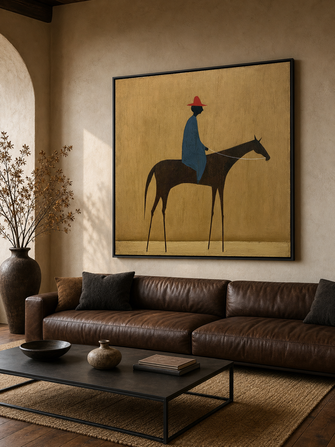Modern Figurative Oil Painting Of Rider And Horse With Textured Beige Background For Living Room