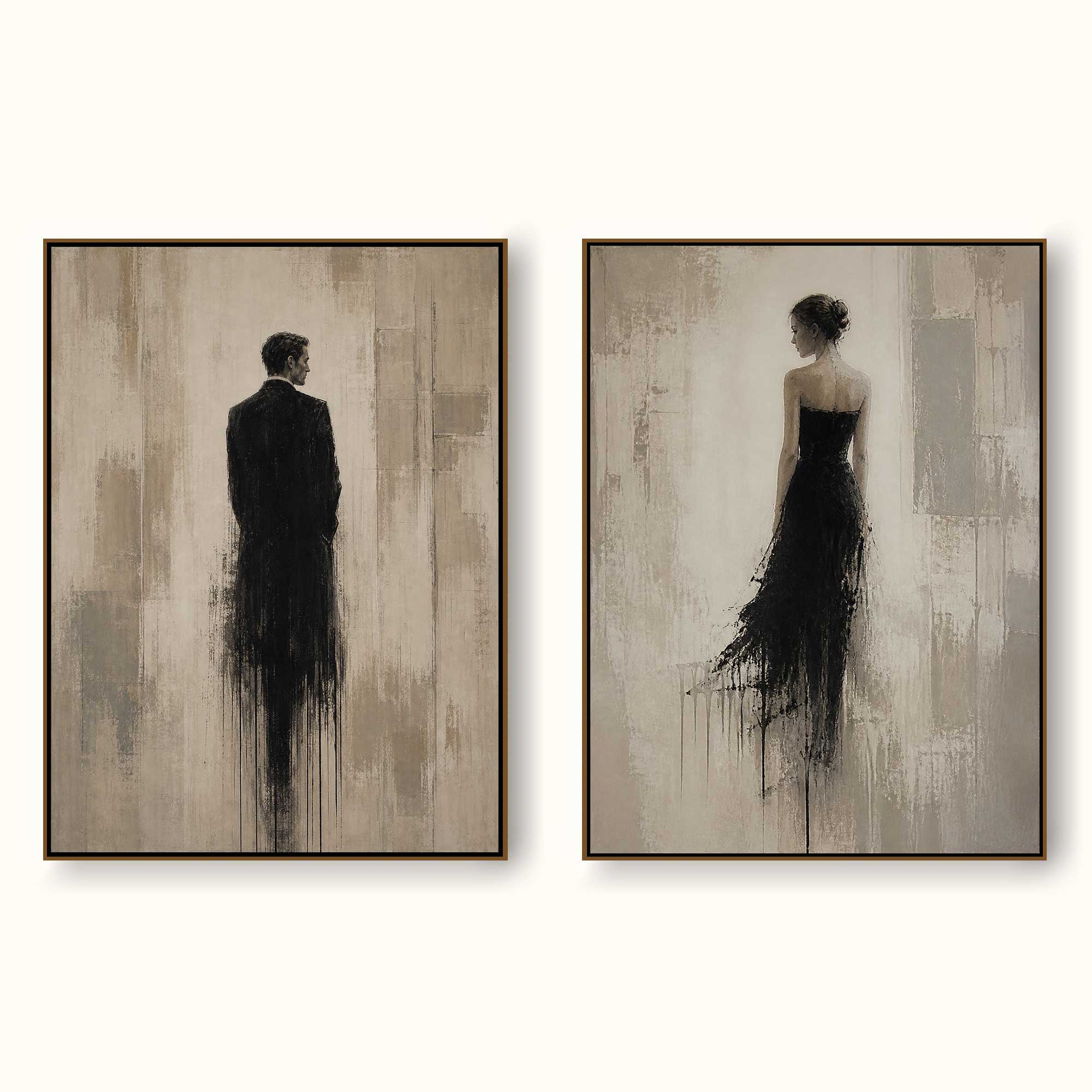 Abstract Figurative Oil Painting Diptych Beige And Black Human Forms For Living Room Wall