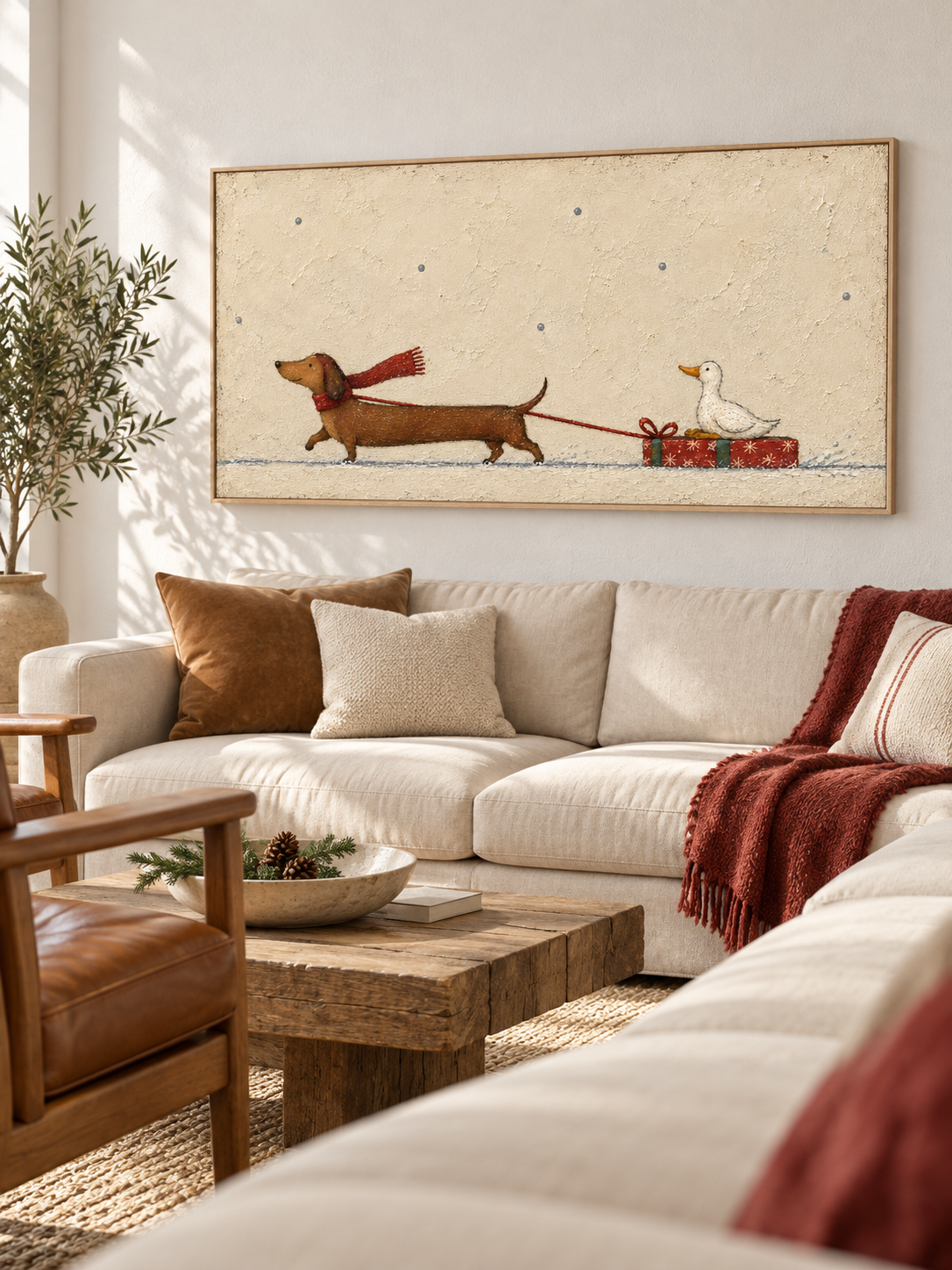 Minimalist Christmas Pet Painting Whimsical Dachshund And Duck Wall Art Canvas
