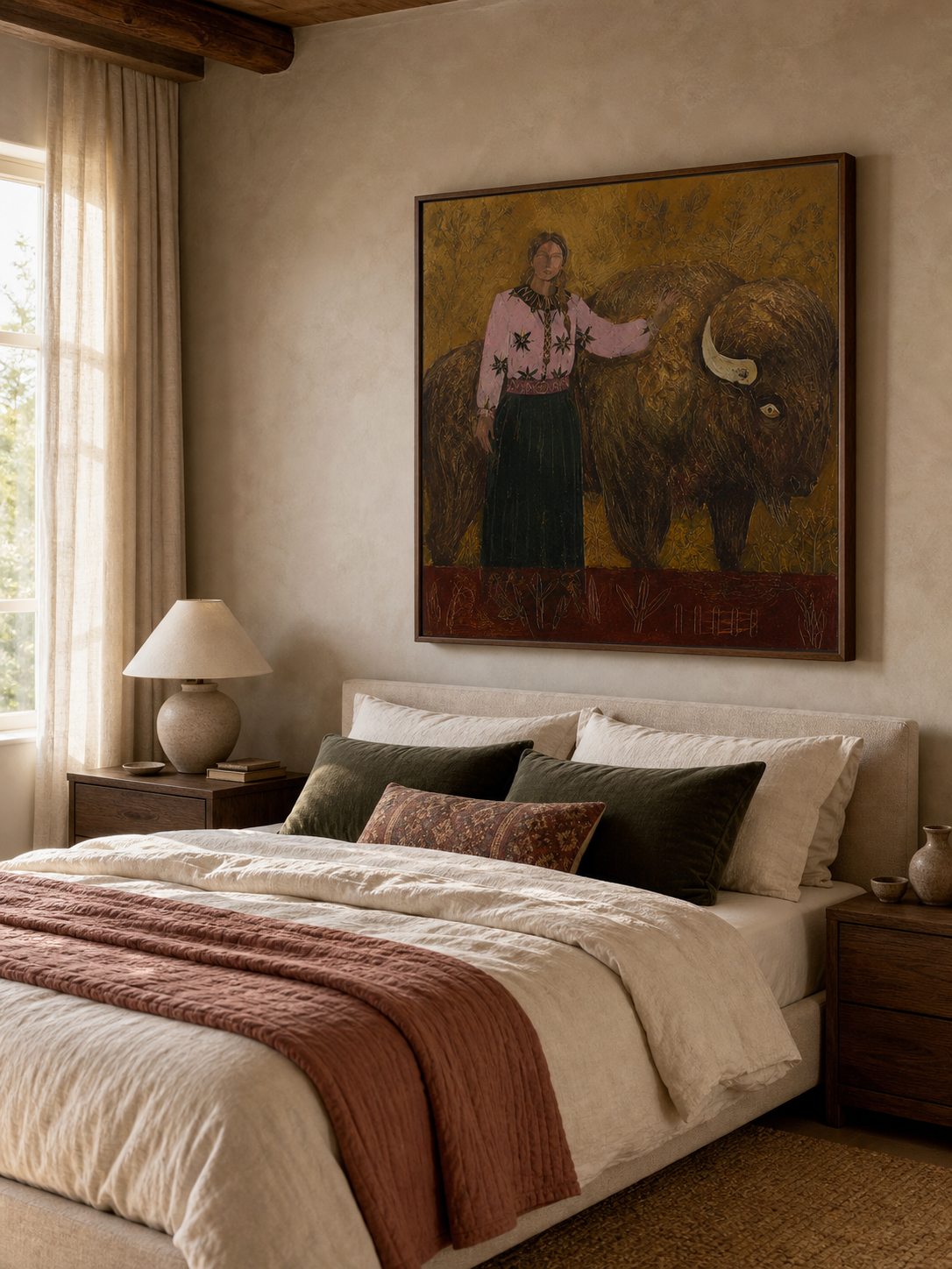 Folk Contemporary Art Painting With Bison And Woman In Brown Pink Green Tones For Living Room Wall Decor