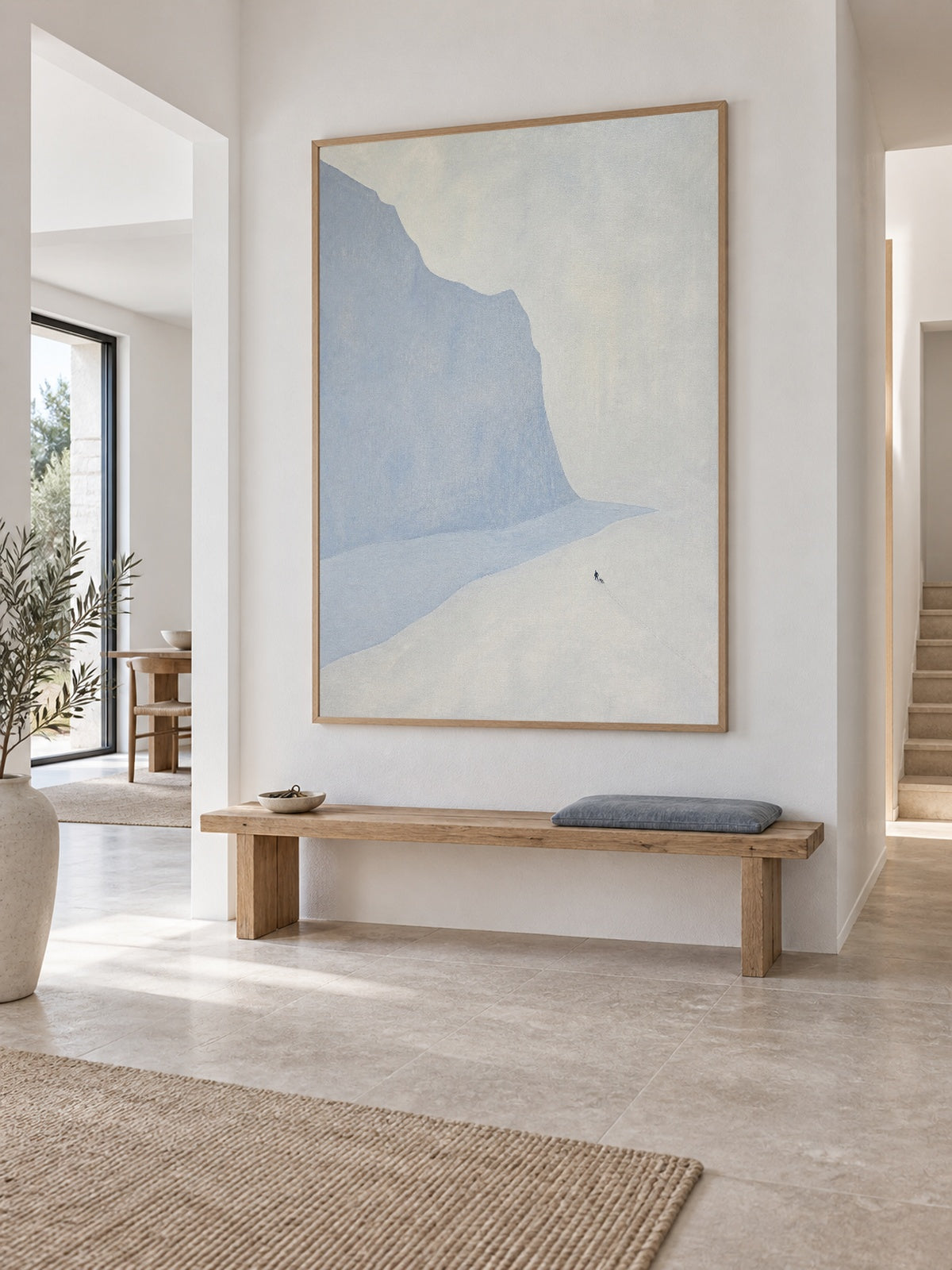 Minimalist Blue Ice Cliff Canvas Art With Lone Traveler For Bedroom Decor