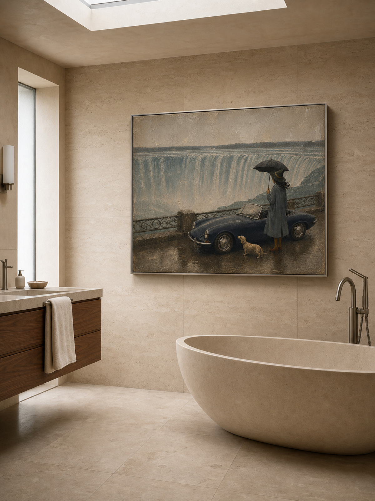 Surreal Landscape Oil Painting Featuring Retro Convertible And Waterfall View