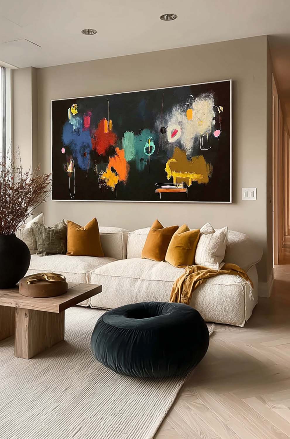 Large Horizontal Abstract Oil Painting With Vibrant Colors For Modern Living Room