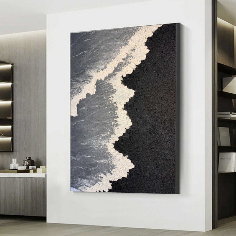 3d Minimalist Black Wave Painting Large Black And White Ocean Texture Painting