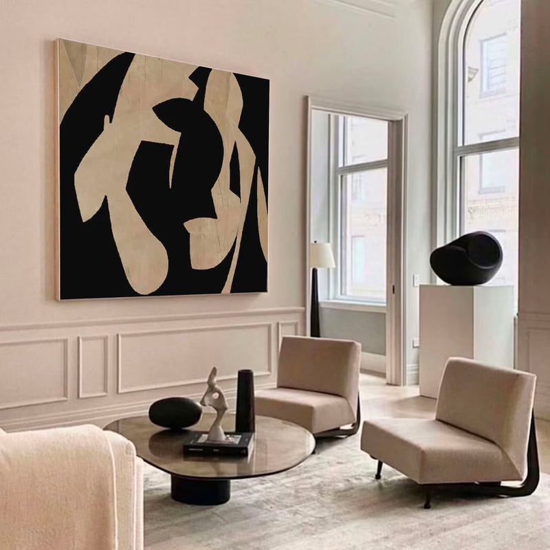 Neutral Beige & Black Painting On Canvas 3D Minimalist Textured Beige Painting