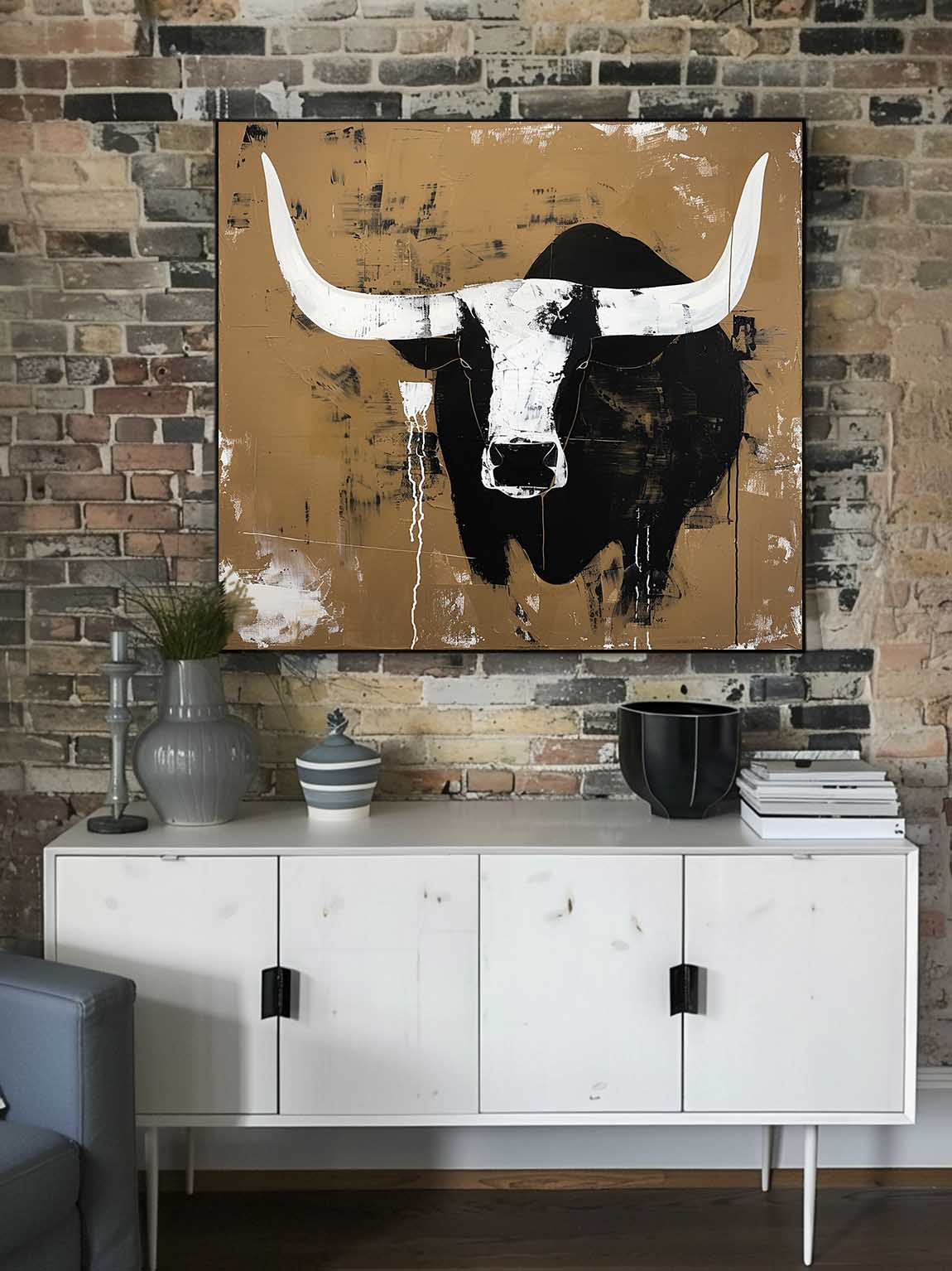 Retro White And Black Bull Horns Wall Art Vintage Bull Abstract Canvas Painting Large Bull Canvas Art