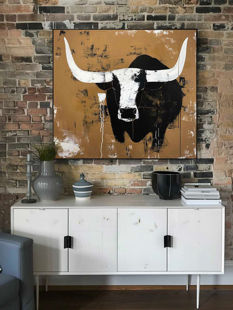 Retro White And Black Bull Horns Wall Art Vintage Bull Abstract Canvas ...