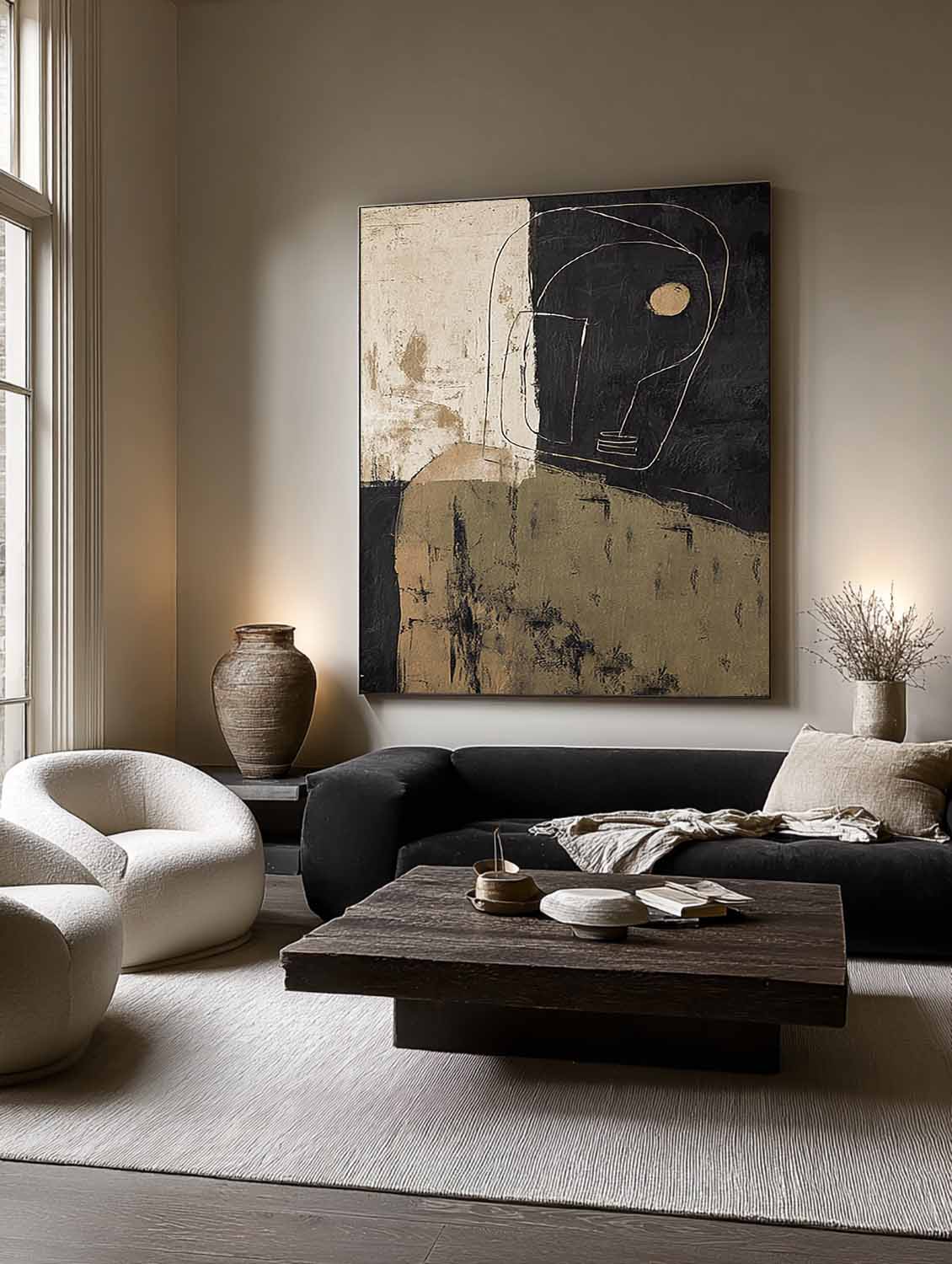 Contemporary Beige And Black Abstract Face Painting Original Black Abstract Portrait Wall Art Minimalist Abstract Figurative Oil Painting