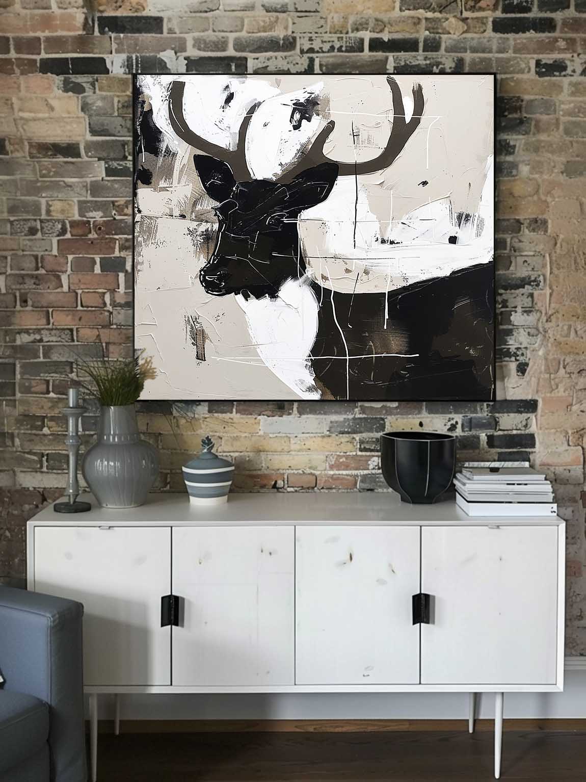 Vintage Black And White Abstract Deer Neutral Wall Art Acrylic Painting Vintage Canvas Wall Art Large Neutral Decor