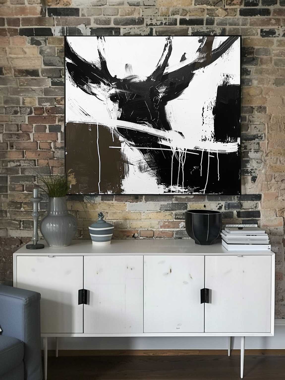Large Black and White Deer Painting Retro Large Deer Canvas Art Retro Minimalist Deer Canvas Large Wall Decor