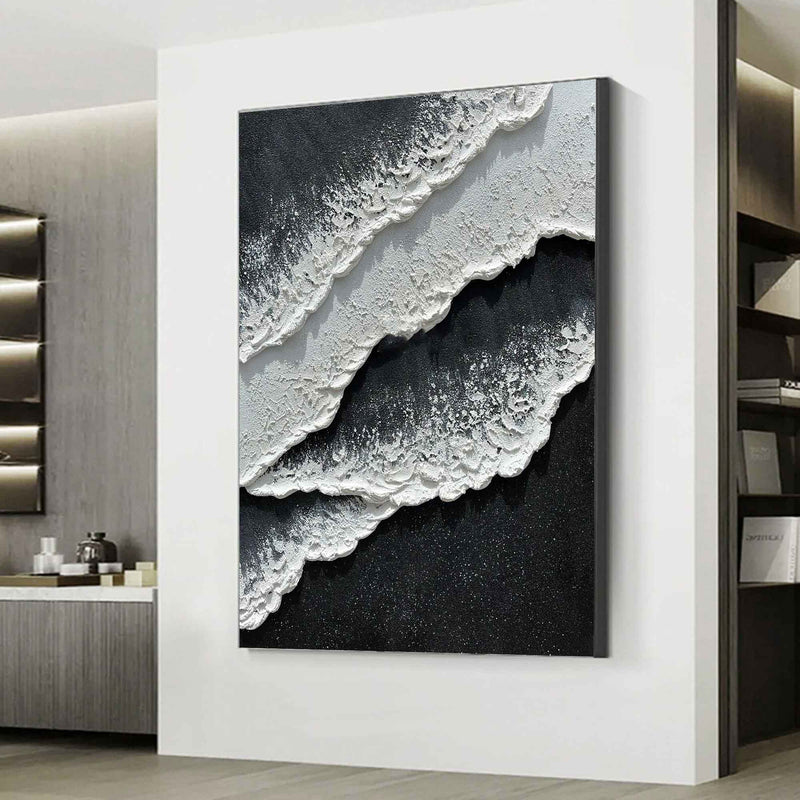 3d Black White Wave Painting On Canvas Minimalist Black And White Ocean Texture Wall Art