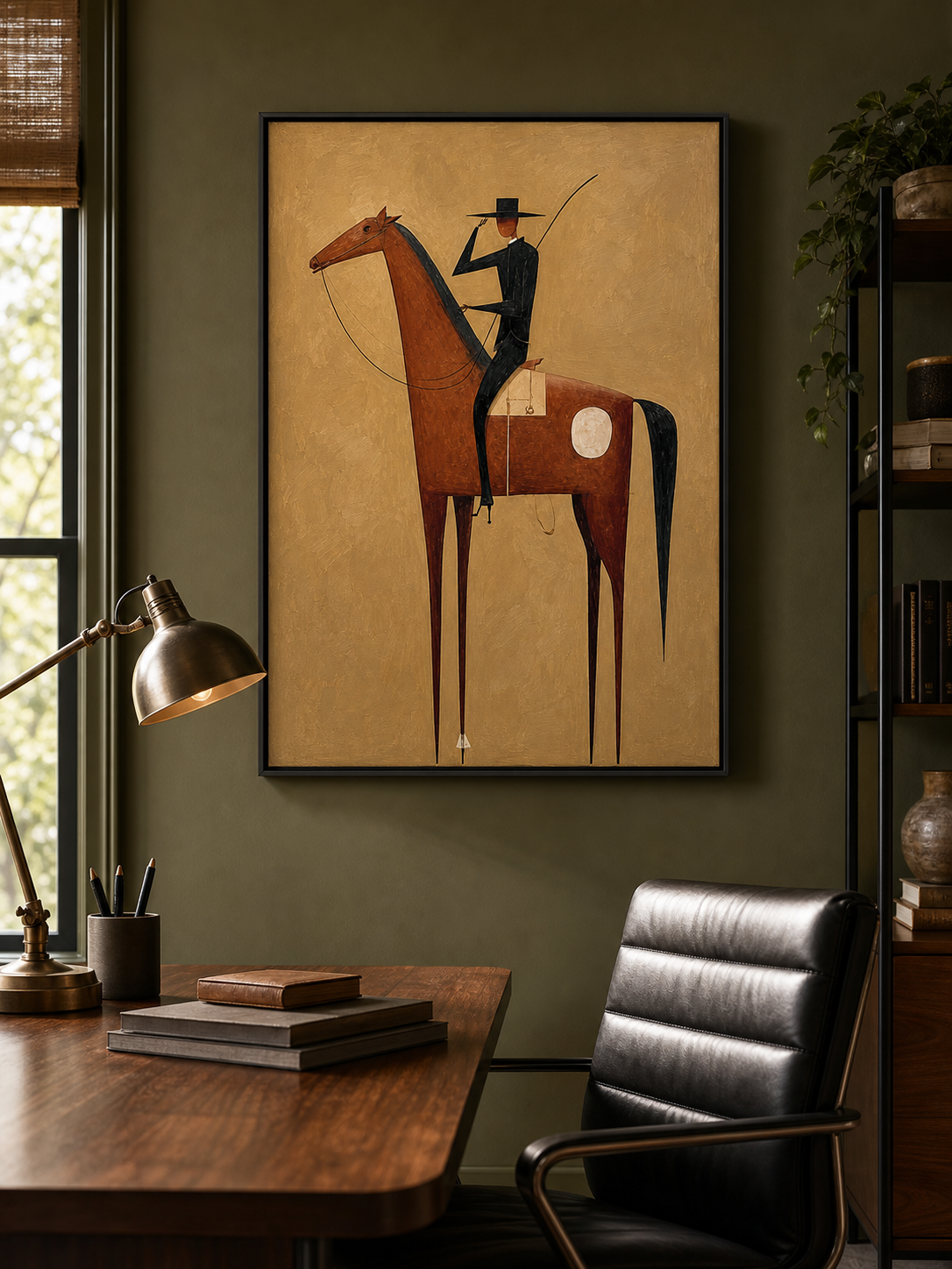 Vintage Minimalist Horse And Rider Painting For Modern Home Decor With Earthy Tones