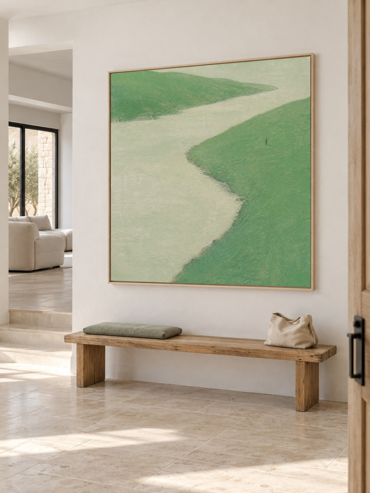 Fresh Green River Bend Canvas Art With Lone Figure For Calm Bedroom Decor