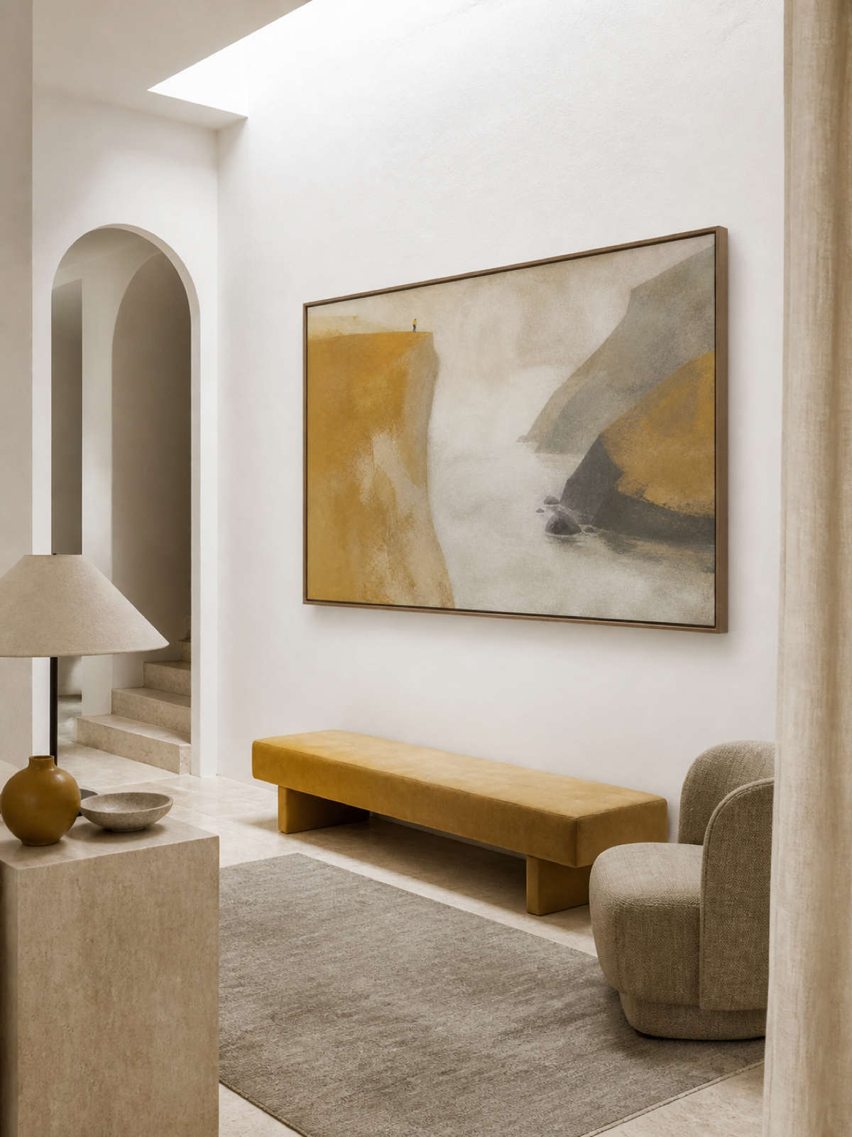 Golden Ochre Cliff And Misty Silver Inlet Contemporary Landscape Oil Painting