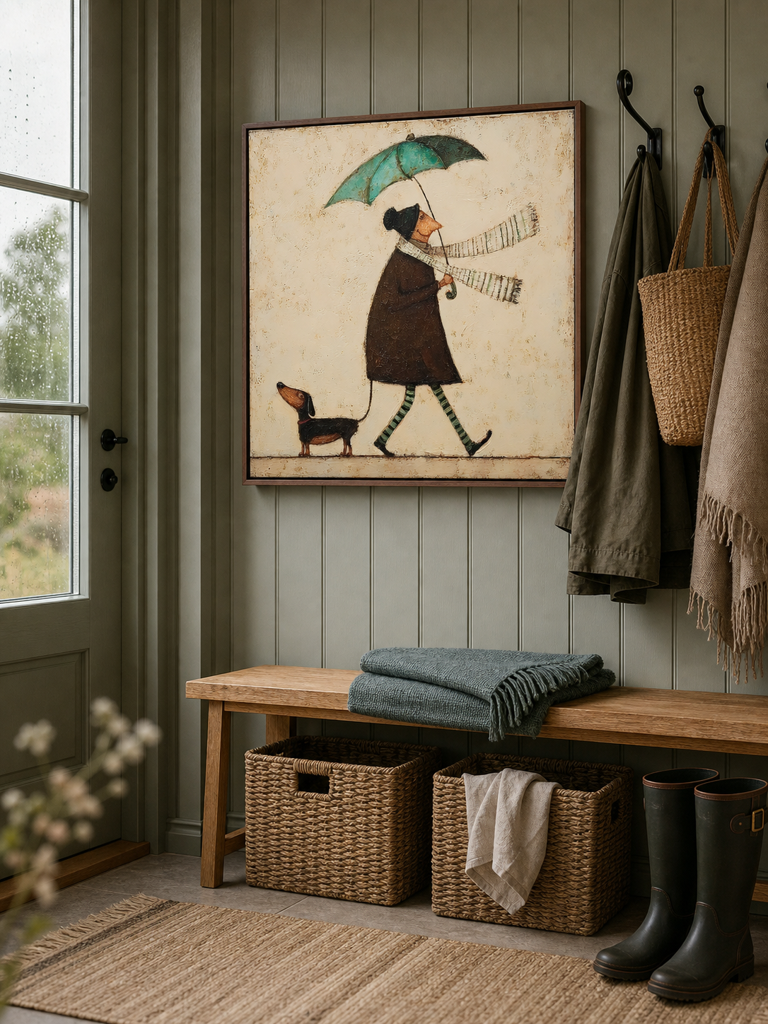 Vintage Textured Beige Abstract Figure Painting With Green Accents For Living Room