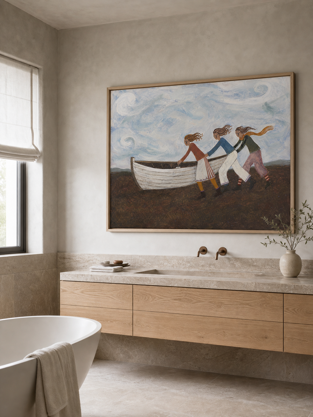 Vintage Folk Art Painting Of People Launching Boat For Coastal Home Decor