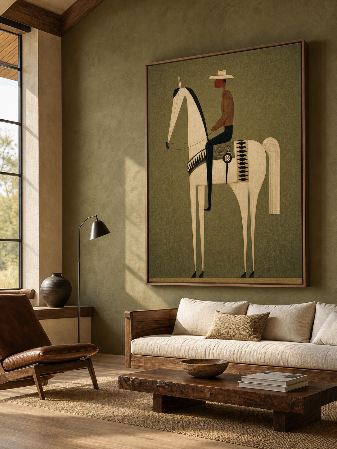 Vintage Minimalist Horse And Rider Painting With Earthy Green Tones For Modern Home Decor
