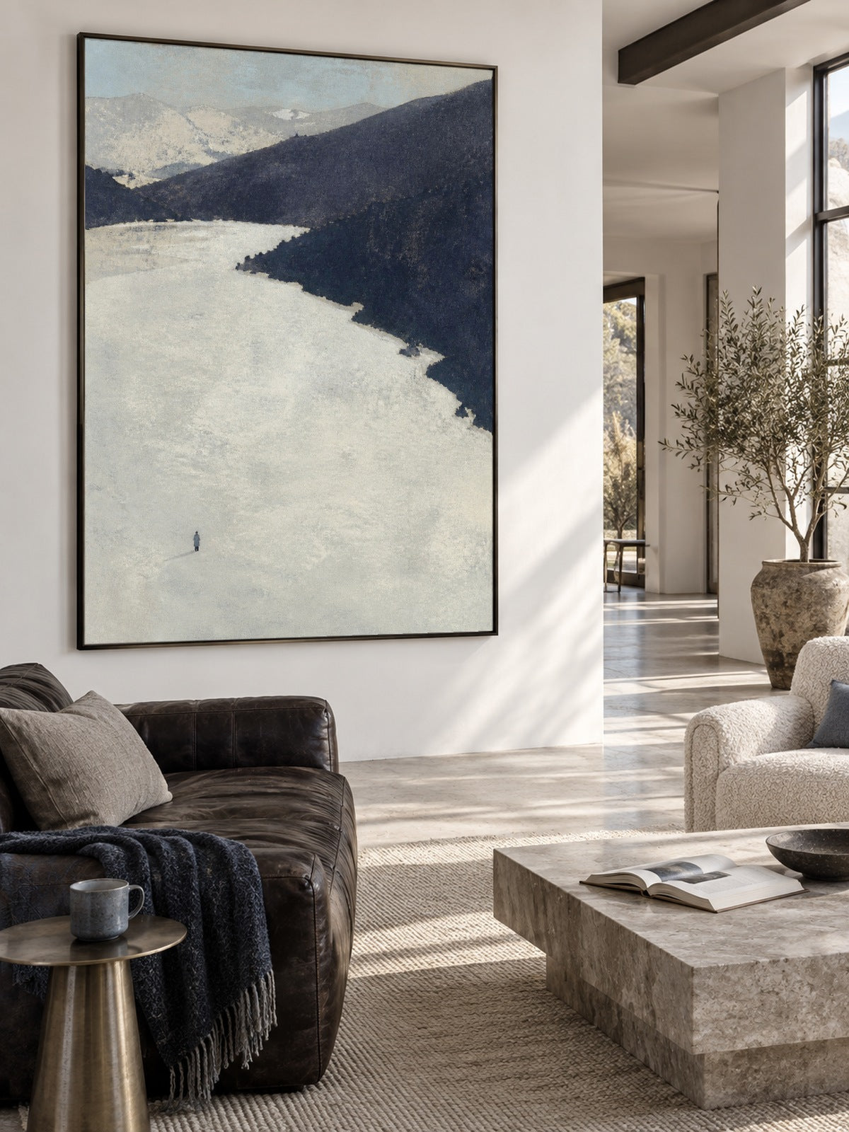 Neutral Winter Lake And Snow Covered Valley Canvas Wall Art For Bedroom