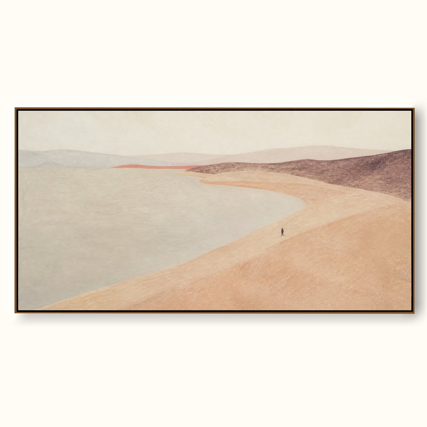 Large Pastel Shoreline Lone Figure Walking Along The Quiet Bay Canvas Art