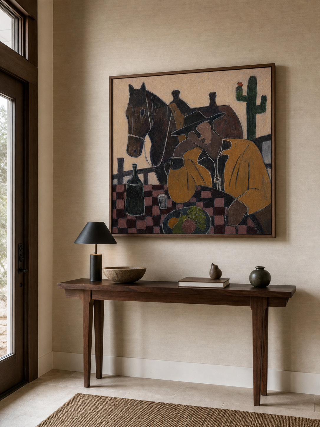 Modern Cowboy And Horse Painting For Rustic Home Decor With Earthy Tones