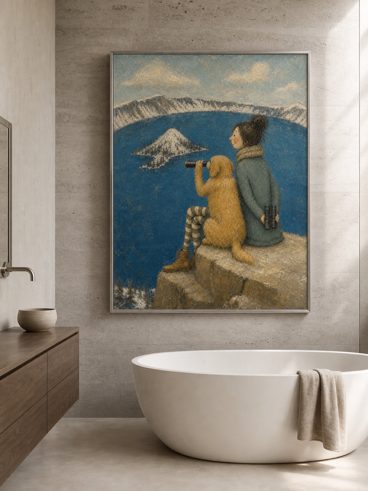 Charming National Park Pet Art With Dog And Mountain Lake Scenery For Home Decor
