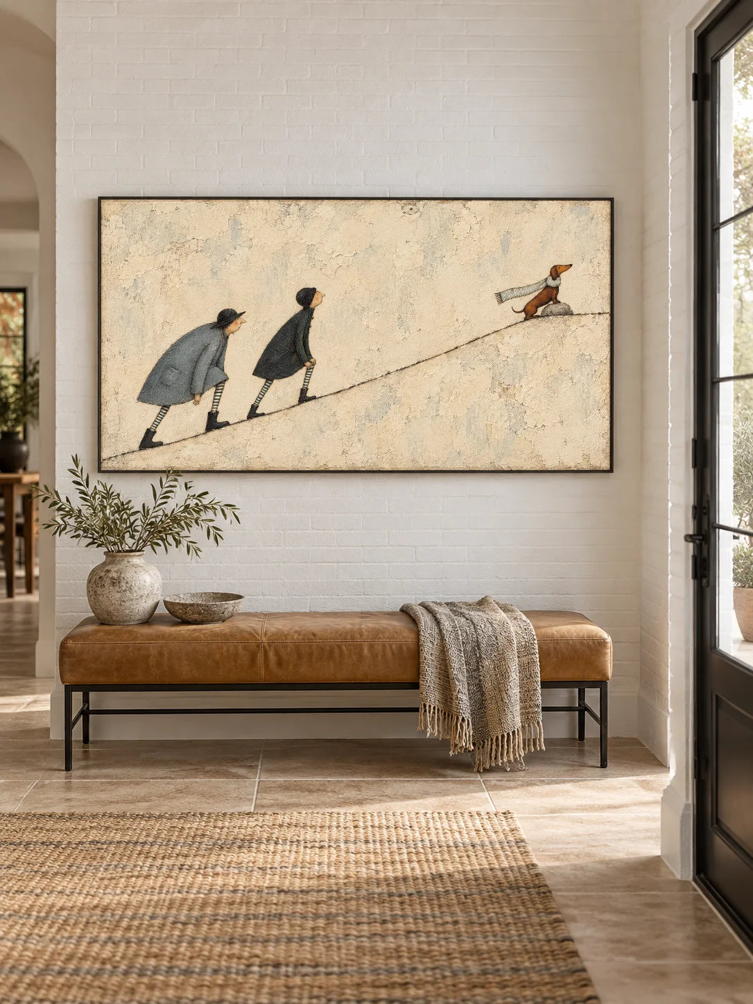 Hand Painted Dachshund Adventure Wall Art Minimalist Storybook Canvas Artwork