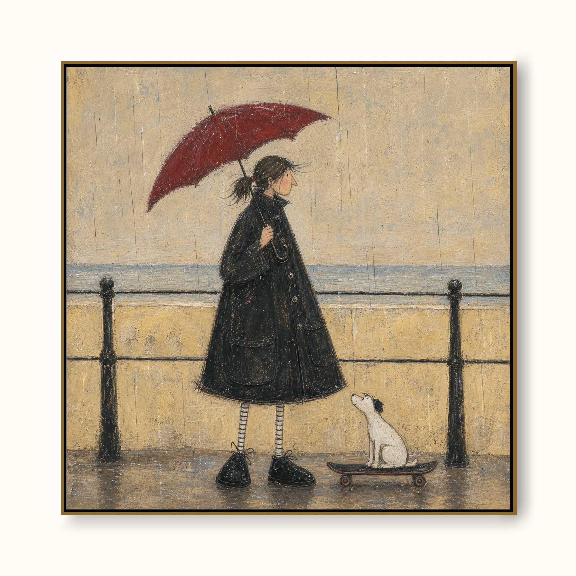 Large Minimalist Art Rainy Day Woman With Red Umbrella Framed Oil Painting